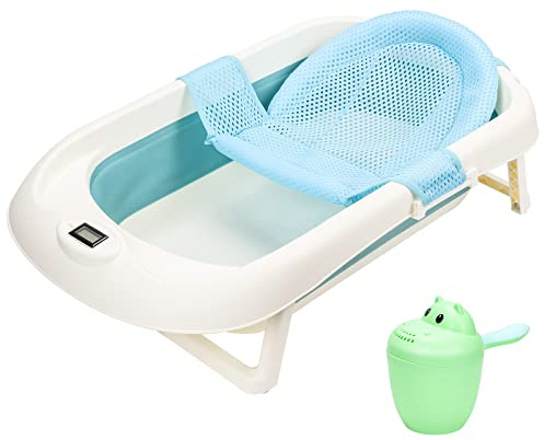 Yakimz Baby Badewanne Faltbar Neugeborene Kleinkind Babywannensitz Faltbare Babybadewanne mit Echtzeit-Temperaturerfassung, Badewanne für Babys mit Baby-Badenetz und Schöpfkelle (Grün)