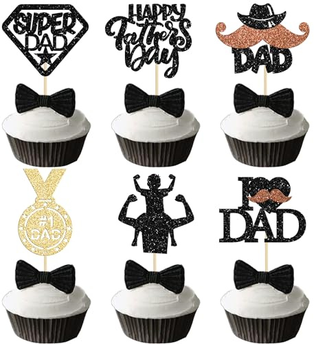 24Pcs Happy Father's Day Cupcake Toppers with Moustache Black Glitter I Love Dad Cupcake Picks for Happy Father's Day Theme Party Cake Decorations Supplies