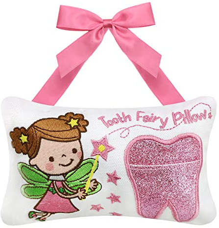 Tooth Fairy Pillow for Boy and Girl Embroidered Cartoon Tooth Pocket Tooth Fairy Gifts Kids (Girl)