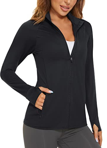 MAGCOMSEN Women's UPF 50+ Lightweight Athletic Jacket Sun Protection Full Zip Long Sleeve Shirts Hiking Outdoor Pockets Black 2XL
