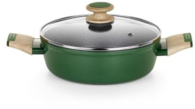 MONIX Amazonia | Cacerola baja 24 cm, aluminio forjado, antiadherente tricapa, sin PFOA, fondo full induction, asas baquelita y recubrimiento soft touch efecto madera