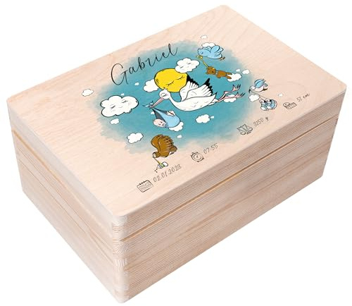 Creative Deco Erinnerungsbox Baby Personalisiert mit Namen | Individuelle Erinnerungskiste Geschenk zur Geburt für Mädchen und Jungen | Holzkiste mit Deckel | Farbdruck
