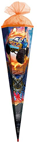 ROTH Schultüte groß Monstertruck Fire 100 cm - 6-eckig Rot(h)-Spitze Tüllverschluss - Zuckertüte Schulanfang
