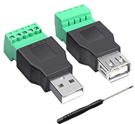 BRIEFCEC 2pcs USB 2.0 Screw Connector USB Terinal Adapter Converter, USB 2.0 Type A Male & Female to 5-pin Screw Terminals Data Transfer (USB Adapter Male + Female)