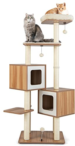GOPLUS Arbre à Chat 163CM en Bois, 6 Niveaux, avec Plateformes, Condos, Coussins Confortables, Poteaux en Sisal, Boules, Naturel