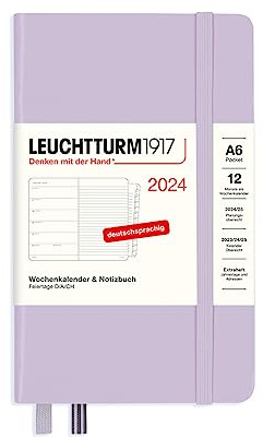 LEUCHTTURM1917 367730 Wochenkalender & Notizbuch Pocket (A6) 2024, mit Extraheft für Adressen und Jahrestage, Lilac, Deutsch, 12 Monate