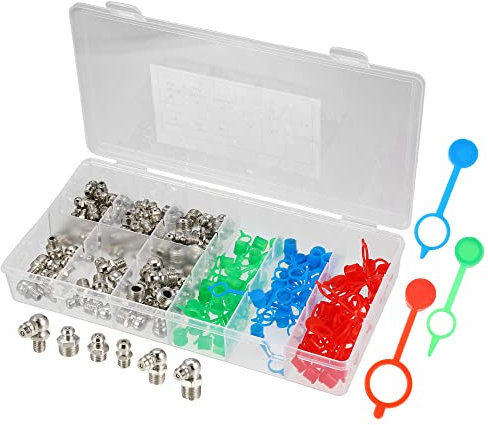 X AUTOHAUX 140 Stück Schmiernippel Sortiment Kit M6 M8 M10 Fettnippel 180°Gerade 90 Grad 45 Grad Kegelschmiernippel Set mit Schmiernippel Schutzkappe