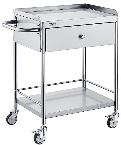 VEVOR Zweistöckiger Laborwagen Gerätewagen Medizintechnik Servierwagen 201 Edelstahl Tragbar Abräumwagen mit Schubladen 100 kg Tragfähigkeit, 710 x 421 x 785 mm (mit Griff) Labor Rollwagen