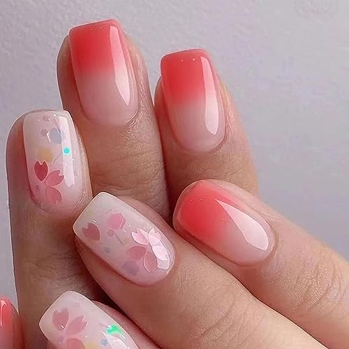 AKOFIC 24 Piezas Uñas Postizas Cortas Cuadradas, Press on Nails Francesa con Diseño, Verano Uñas Postizas Decoradas sin Pegamento, Uñas Postizas que se Pegan para Mujeres y Niñas (Rosa Rojas Flores)
