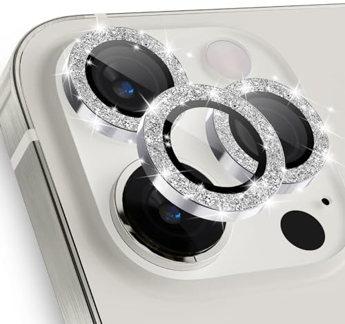 imluckies for iPhone 15 Pro - iPhone 15 Pro Max Camera Lens Protector Bling, HD Clear Aluminum Alloy Individual Ring, 9H Tempered Glass Camera Back Screen Protection Film, Glitter Silver