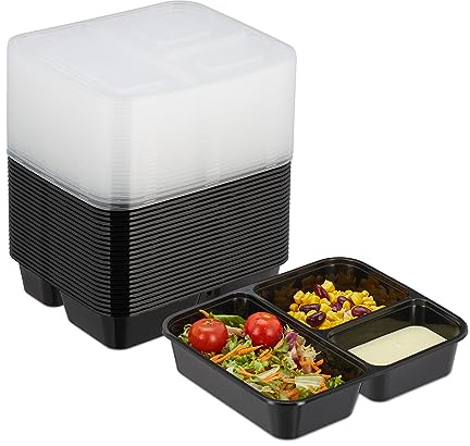Relaxdays Meal Prep Boxen, 24er Set, 3 Fächer, mikrowellengeeignet, wiederverwendbar, Kunststoff Essensbehälter, schwarz