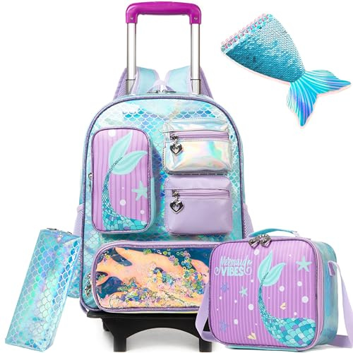 Meetbelify Meerjungfrau Rollender Rucksack für Mädchen Rucksack mit Rädern für Grundschüler Kinder Schultasche mit lunchtasche Federmäppchen für Mädchen im Alter von 6-8 Jahren alt