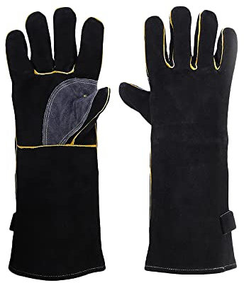 Guanti resistenti al calore, 40 cm, guanti di protezione antincendio in crosta di mucca, guanti di sicurezza per barbecue, saldatura, cottura (nero)