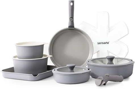 SENSARTE Set di padelle da 17 pezzi, antiaderente in ceramica, con manici rimovibili, Adatto all’Induzione, Padella 20/26 cm, Casseruole 16.5/20cm, Wok 26 cm, Padelle grill 26cm, impilabile
