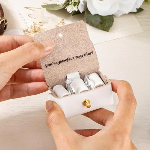HDLOVE Personalisierte Hunde-Ehering-Kissenbox Für Haustiere, Individuelle Ehering-Trägertasche Hundehalsband, Leder-Eheringhalter-Etui, Pärchen-Ring-Aufbewahrungsbox Für Den Verlobungsantrag(White)