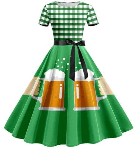 YAOJIWANG Oktoberfest Damen Outfit, Bayerisches Bierfest Kleid Frauen Bierfest Sommer Casual Rundhals Kurzarm Kleid Mit Abnehmbarem Gürtel, Spaß Elegant Print Kleid Satin Kleid Verkauf Angebot
