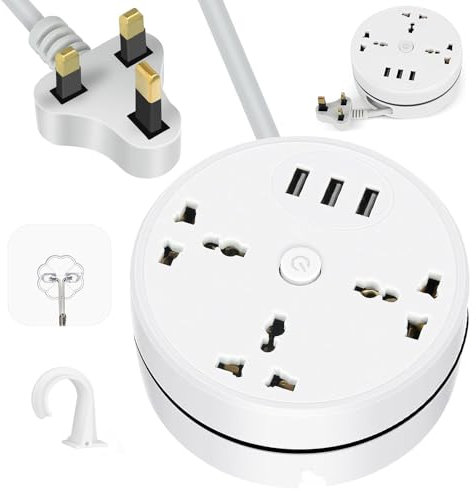 Hojalis 1.8M Extension Lead with 3 Socket and 3 USB Slots, 2500W 10A Power Strip with Switch, Retractable Extension Cable, Multi Smart Power Socket Plug Extension for Home Office Travel (UK)