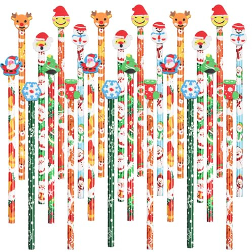 SULOLI 32 Pezzi Matite di Legno Natale,Matite Natalizie fumetto con Gomma | Matita Divertenti Gadget Regali Natale per Bambini
