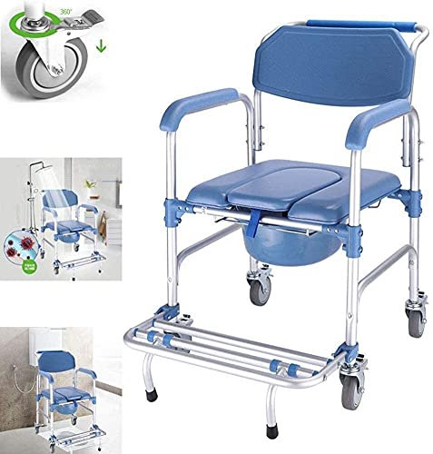 WOTZOV Toilettenstuhl, Toilettenstuhl 4 in 1 Toilettenstuhl mit Rollen Toilettenstuhl Rollstuhl Duschtransportstuhl 4 Radbremsen Faltbare Mobile Toilette für ältere Menschen Sen