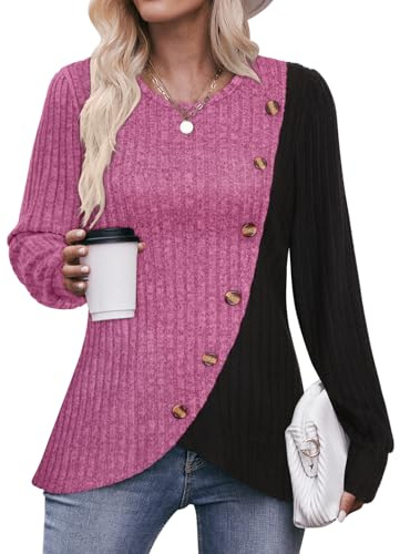 Flikity Ladies Jumpers Casual Crew Neck Tops Womens Long Sleeve Tops | Decorative Buttons Side Tunic Sweatshirts Pullover Lightweight Sweaters Spring Autumn Winter Clothes S-3XL