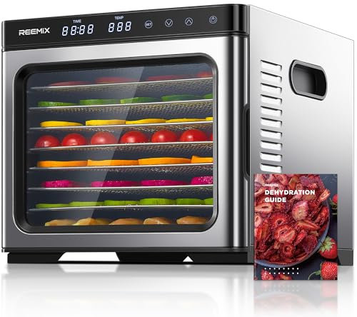 Deshidratador de alimentos de acero inoxidable 1000W, control digital, 9 bandejas, superficie 0,8 m², temperatura 30–75°C, temporizador 30 min–48h, pantalla LCD táctil