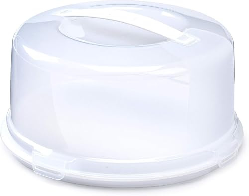 Plastic White Cake Box with Locking Clips, Handle and Flip Base for Serving Holds Cakes Up to 30cm (1, Round)