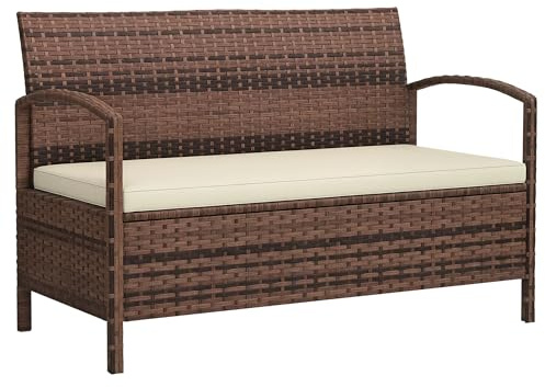 Outsunny Garden Storage Bench 125L Capacity 2 Seater PE Rattan Wicker Brown | Garden Bench, Cushion, Outdoor Loveseat, Steel Frame, for Patio