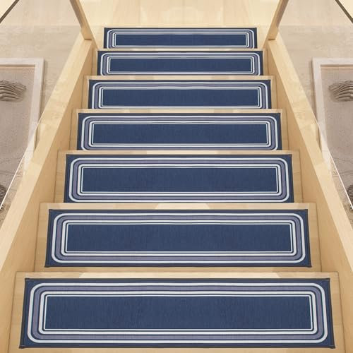 DUOLEH Tappeto per scale, tappetino di sicurezza per gradini in legno, autoadesivo, decorazione per scale, lavabile, per interni, 76 x 20 cm, 7 pezzi, blu scuro