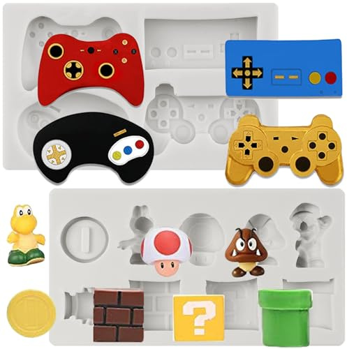 Sijiangmold Game Theme Silicone Mould Game Console Fondant Moulds Set of 2 | Gold Coin Super Cube Mushroom Dragon Mould Cake Decoration Cupcake Topper Chocolate Candy Gum Paste Polymer Clay