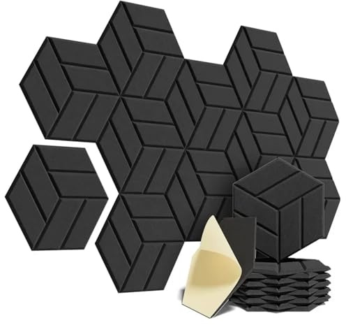 AMENGJ Filz Memoboards Set sechseckig 12er-Pack Selbstklebende Akustikplatten, Sechseck-Design, schalldichte, solide Wandplatten zur Schallabsorption, Geräuschdämmung(Black)