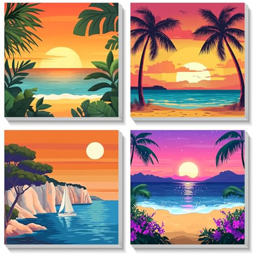 Bowetile 4 Pack Sunset Framed Paint by Numbers for Adults Children, Painting by Numbers Kit for Adults, Beginners Canvas Kits, DIY Acrylic Pigment Drawing Paintwork for Home Decor, 20x20 cm