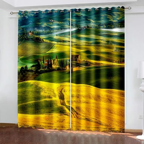 Bishilin Gardinen mit Ösen Blickdicht 2er Set 132x244CM, Vorhänge Natur Hügel Grünland und Häuser Muster Verdunklungsvorhänge Jugendzimmer Kinderzimmer
