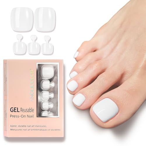 Anglicolor Ongles courts à coller,ongles carrés français blancs à coller sur les ongles des femmes,16 tailles 32 ongles ensemble ruban adhésif pour ongles (Blanc, 32 pièces)