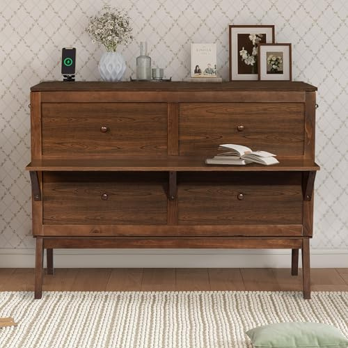 KALALLA Queen Size Murphy Cabinet Bed with Desk Combo and 2 Removable Shelves, USB Charging Station, Murphy Chest Dresser Foldable Bed, Space Saving for Small Space - Walnut