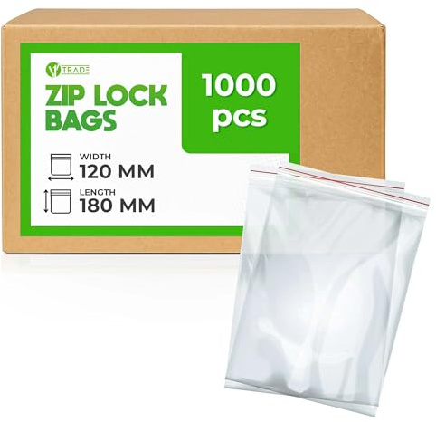 V1 TRADE Sachets Zip – Sachets Plastiques 120 x 180 mm – 1000 Pièces | Sachets refermables résistants pour le rangement et l'organisation des aliments, accessoires, bricolage et petites pièces.