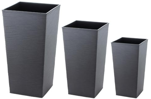 Engelland - 3er Set Pflanzkübel aus recyceltem Kunststoff & Holz, Anthrazit, Rillenoptik, Blumentopf-Set, nachhaltig, wetterfest, für Garten, Balkon, Terrasse, Innen- und Außenbereich