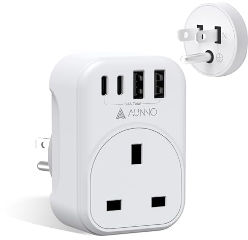 AUNNO UK to US Plug Adaptor, 20W Grounded USA Adapter with 2 USB Ports and 2 USB-C Ports, 5 in 1 Adapter for US Canada Mexico Thailand etc (Type B)