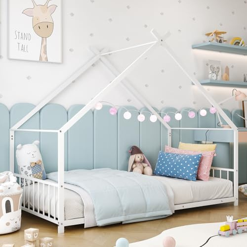 Karl home Twin Size Toddler Floor Bed, Metal Montessori Bed with Slats & Fence, Roof/House/Canopy Bed Frame for Girls, Boys, No Box Spring Needed, White