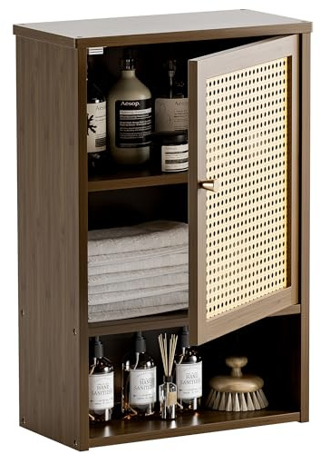 HITNET Armario Baño Pared en Ratán, Mueble Colgante de Bambú, Gabinete de Almacenamiento Suspendido con Compartimento Abierto y Estante Ajustable, para Salón, Pasillo y Cocina, Color Nogal