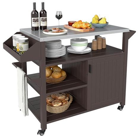 GOPLUS Desserte Exterieur Plancha à roulettes, Desserte Barbecue avec Plan de Travail en Acier INOX., Étagères, Porte-Épices & Porte-Serviette,Extérieur Jardin, BBQ,116x50x87CM (116x50x87CM)