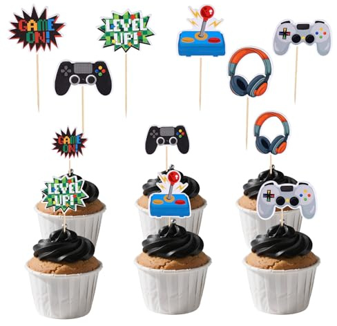 60 stycken videospel tema cupcake-toppers speldekoration, födelsedag tårtdekoration för pojkar flickor barns födelsedagskalas spelkonsoler tema fest tårtdekoration