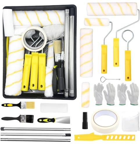 Paint Tray Set 21PCS Paint Rollers Kit 9 inch 4 inch Rollers for Painting Paint Roller Tray Paint Roller Kit with Extension Pole Microfiber Roller Cover for Painting Walls, Ceiling, Doors
