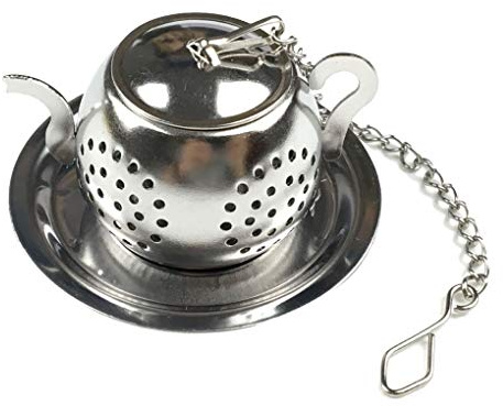 Teesieb in Teekannenform, loser Tee, Ei, Edelstahl, Blätter-Tee-Zubereiter, Sieb mit Ketten-Tropfschale, Kräuter-Gewürzfilter