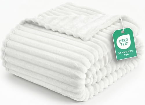 Utopia Bedding Plaid Polare a Righe, Leggero e Morbido, Adatto a Tutte le Stagioni, per Letto, Divano o Poltrona [150x200 cm, Bianco Panna]