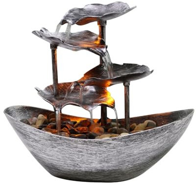Decorazione fontana da tavolo a LED - design barca a vela con foglia di loto, ornamento con giochi d'acqua USB, confezione in polistirolo | Pompa a cascata automatica con interruttore per soggiorno, u