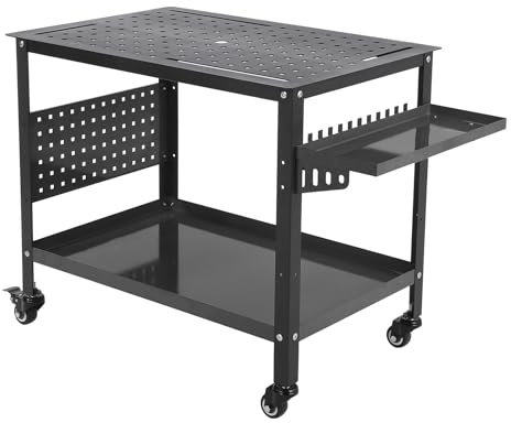 36X24 Welding Table with Wheels & Storage,Professional Heavy Duty Steel Welding Bench with Pegboard, Portable Mobile Welding Table for Hobbyist Workshop Black