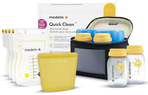 Medela kit todo en uno para almacenamiento de leche materna con biberones de 150 ml, Easy Pour y reutilizables, bolsa para microondas Quick Clean y nevera portátil con placa de refrigeración moldeada