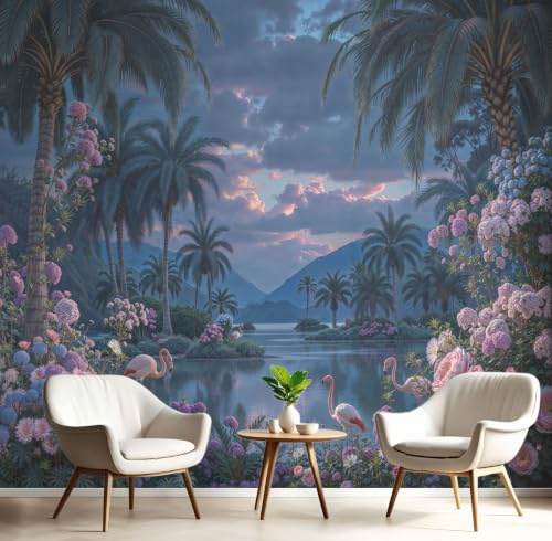Papel Pintado Panorámico Flamencos Lago,400x280cm Papel PintadoPlantas Tropicales Selva, Fotomural Mural de Pared para Salón, Dormitorio y Habitación Infantil, Decoración de Pared