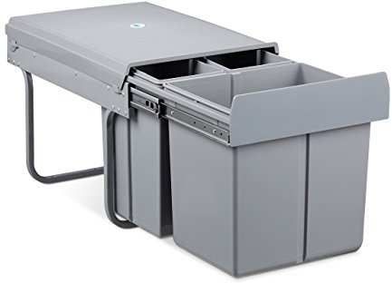 Relaxdays Mülltrennsystem 3 fach, HxBxT: 35,1 x 34,2 x 48 cm, 3 Behälter, Deckel, für Biomüll, Kunststoff, Metall, grau