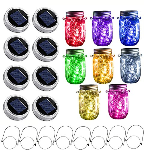Solar Mason Jar Lid String Lights, 8 Pack 20 Led String Fairy Star Firefly Jar Lids Lights with 8 Hangers Included (Jars Not Included), for Mason Jar Patio Garden Wedding Lantern (8 Colors)